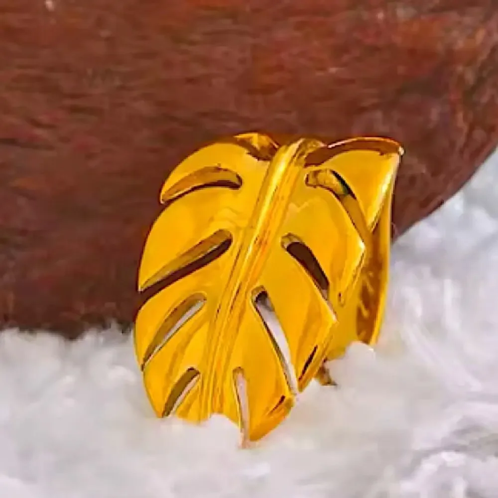 Gold Feather Leaf Leaves Ring Adjustable Stainless Steel Gold Plated